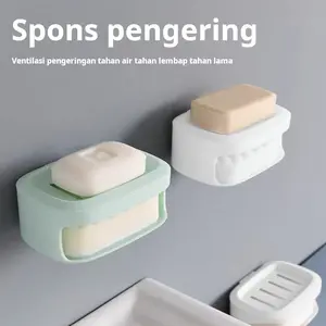 Tempat Sabun Dengan Spons Untuk Mengelap Dan Mengeringkan Dinding Kamar Mandi Rumah Tanpa Pengeboran Dua Lapis Kotak Penyimpanan Sabun Mudah Dipasang
