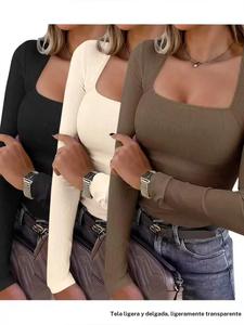 Conjunto de tres piezas para mujer otoño invierno, moda manga larga escote cuadrado ajustado cómodo camiseta, top básico elegante para damas