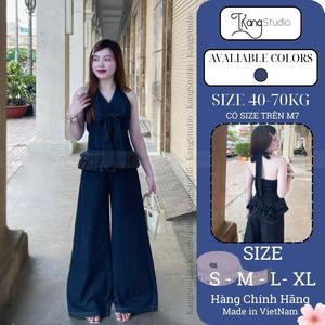 KangStudio - [M142]Set đồ nữ denim 2 món siêu xinh – Áo yếm buộc nơ eo phối bèo + quần ống jean suông
