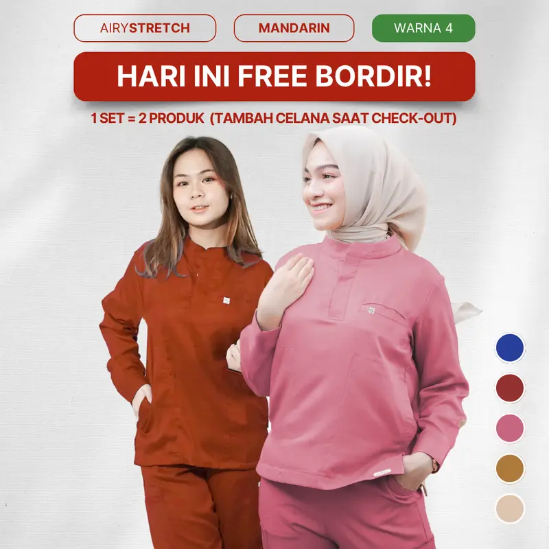 Airy Stretch - Baju Mandarin - Home Of Stasis Warna 4 - Medical Scrub Doctor’s Baju Celana Jaga Karet Panjang 7/8 pendek V Neck Joger Karet Cargo OKA OK Perawat/Dokter Nakes, seragam pria wanita Set Terpisah Wearpack Free Bordir 0