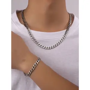 SATU SET KALUNG RANTAI DAN GELANG TANGAN TITANIUM PRIA ANTI KARAT DAN ANTI LUNTUR
