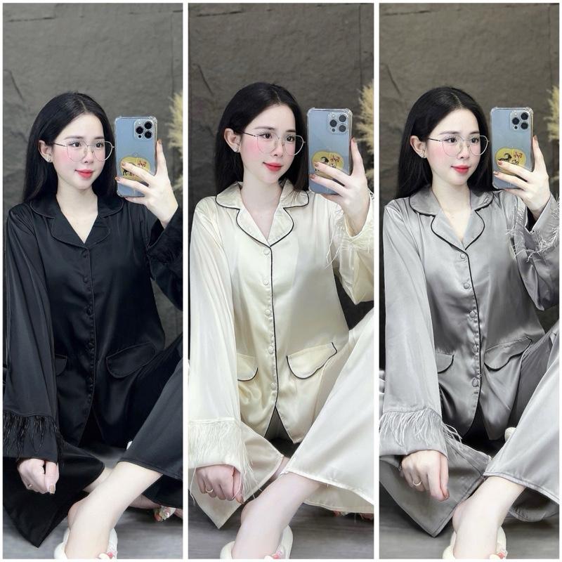 Bộ Pijama Lụa Latin-Áo Viền Lé Tay Đính Lông Vũ Sợi Bảng Màu Cực Sang,Quần Ống Suông(40-60kg)Nữ Women