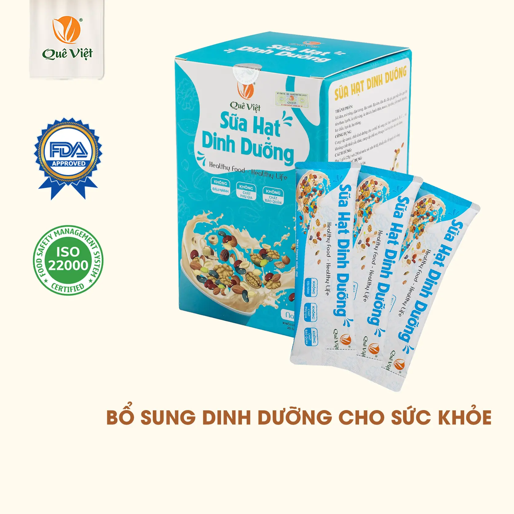 Sữa hạt dinh dưỡng Quê Việt - Hộp 500G (20 túi x 25G) - Không đậu nành