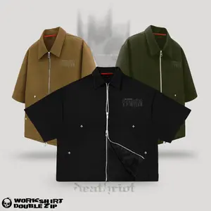 DTRT - Workshirt Kemaja Double Zipper Boxy fit Overiszed Tangan Pendek Skena Pria Spike Unisex - Free Gift