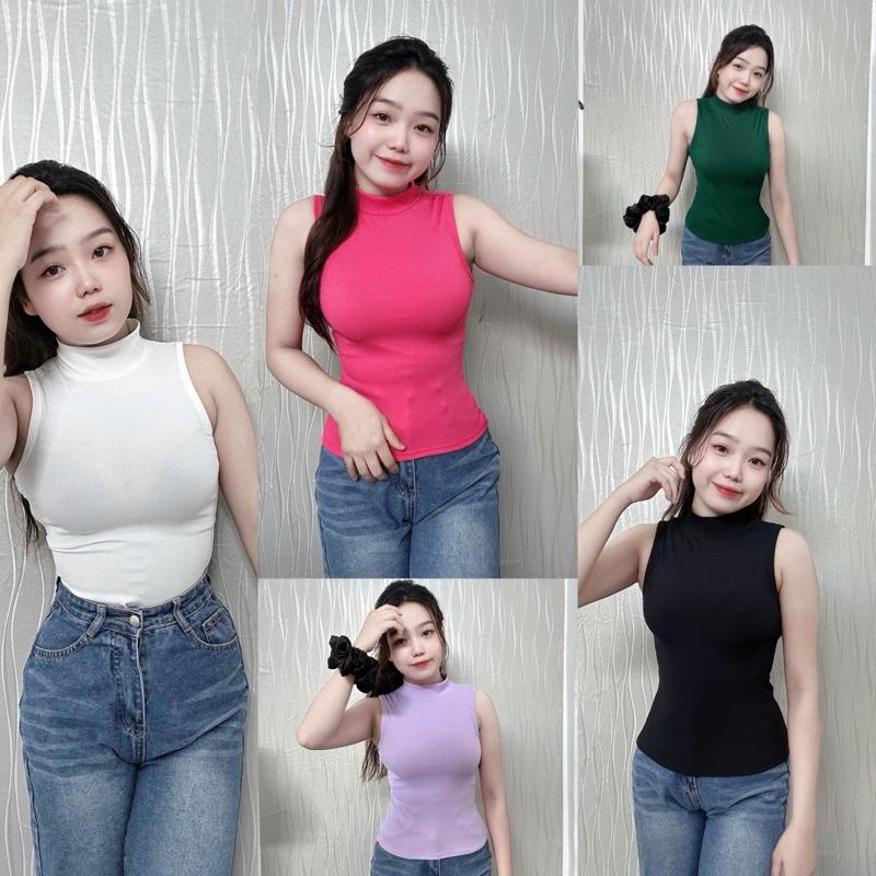  NC06 Áo Ba Lỗ Cổ Lọ Dáng Dài Thun Gân Lụa - Nhi Clothing Nữ Women Top Nhung Voi Kem 