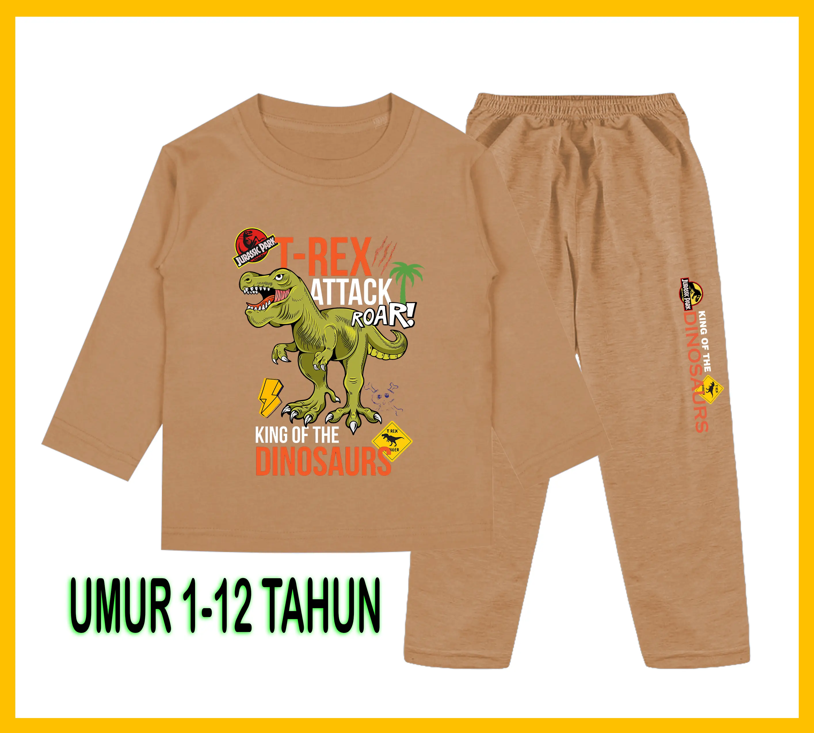 Setelan Anak Model Dino Lengan Panjang dengan Sablon Berkualitas - Baju Anak Fashion - Celana