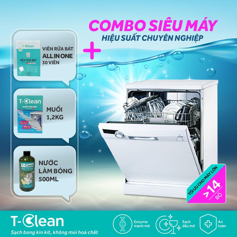  T-Clean Combo_02 Viên Rửa Chén 30 Viên + Muối Rửa Bát 1,2kg + Nước Làm Bóng 500ml - Làm Sạch Sâu Khử Khuẩn An Toàn Cho Gia Đình dùng cho máy lớn trên 15 bộ 