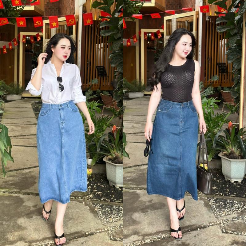  Moli Jeans - Chân Váy jean Dài Bigsize Cạp Cao Dáng  suông Dài Thanh Lịch 55-90kg 4535 Rẻ Đẹp Xẻ Sau Phom Chữ A Dài 80cm Nữ Denim Cotton Lưng Cao Women chânváy bò a-line  skirts chân  váy 