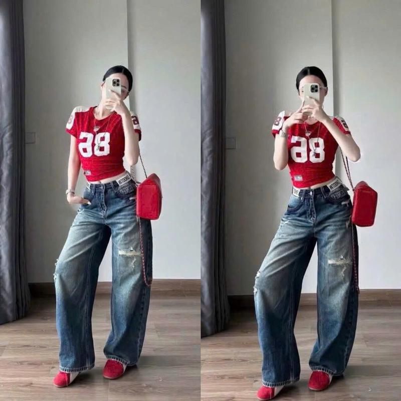 Quần Jean Ống Suông Nữ - Quần Jean Ống Rộng Kiểu Dáng Basic Rách Nhẹ Kèm Tag Da Xịn Xò Dài 103CM MS HD5039
