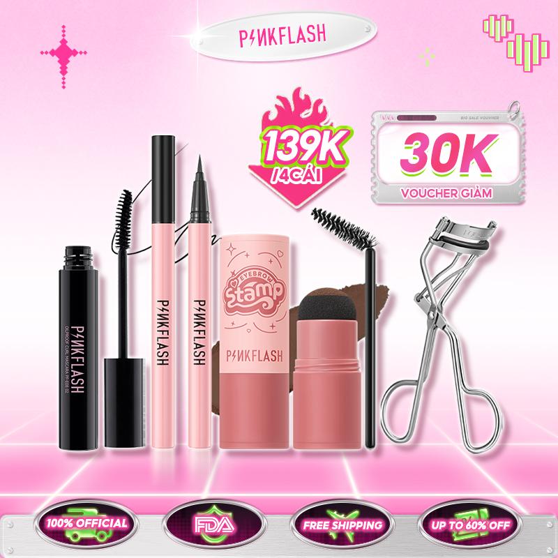  Set trang điểm mắt PINKFLASH 4 món Phấn tán chân mày chống thấm nước + bút kẻ mắt nước màu đen + mascara +  Quà tặng miễn phí  Bấm mi 