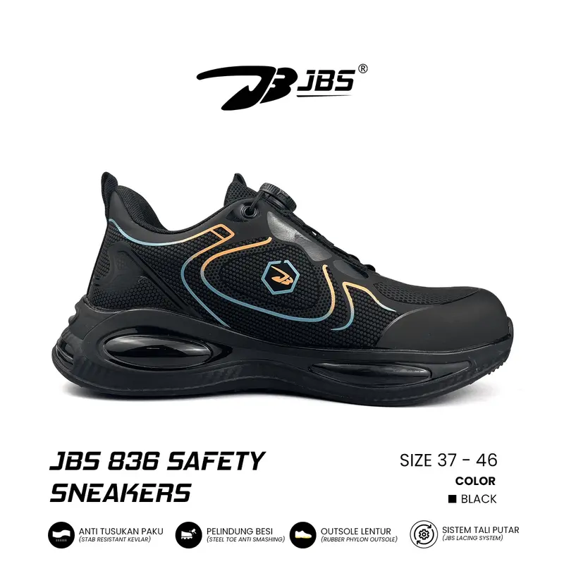 Sepatu Safety Sneakers JBS 836 Steel Toe Cap Tali Putar Sepatu Kerja Lapis Kevlar Anti Tusukan Paku Merah Black High Shoes 4