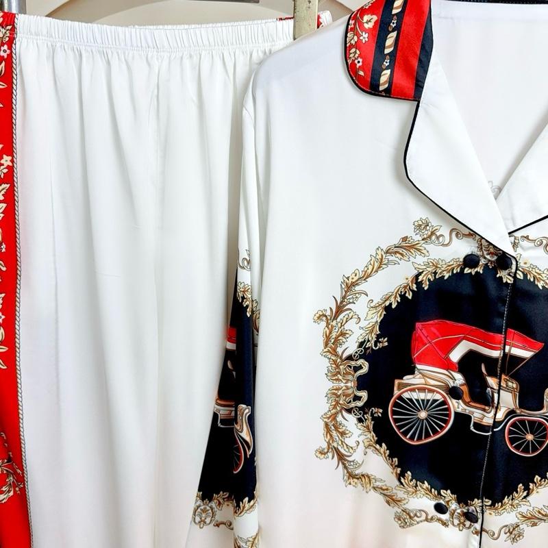 Đồ Bộ Pijama Bigsize,Cổ Vest In Xích Lô Đỏ Nền TRẮNG, FROM RỘNG Lụa Latin Tơ Tằm quần dài 95cm Có 2 Túi Quần 4