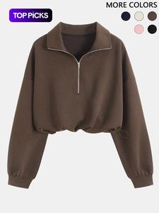 Sudadera corta de mujer con media cremallera, cuello alto y cordón ajustable, moda casual de primavera y otoño, cómoda y elegante