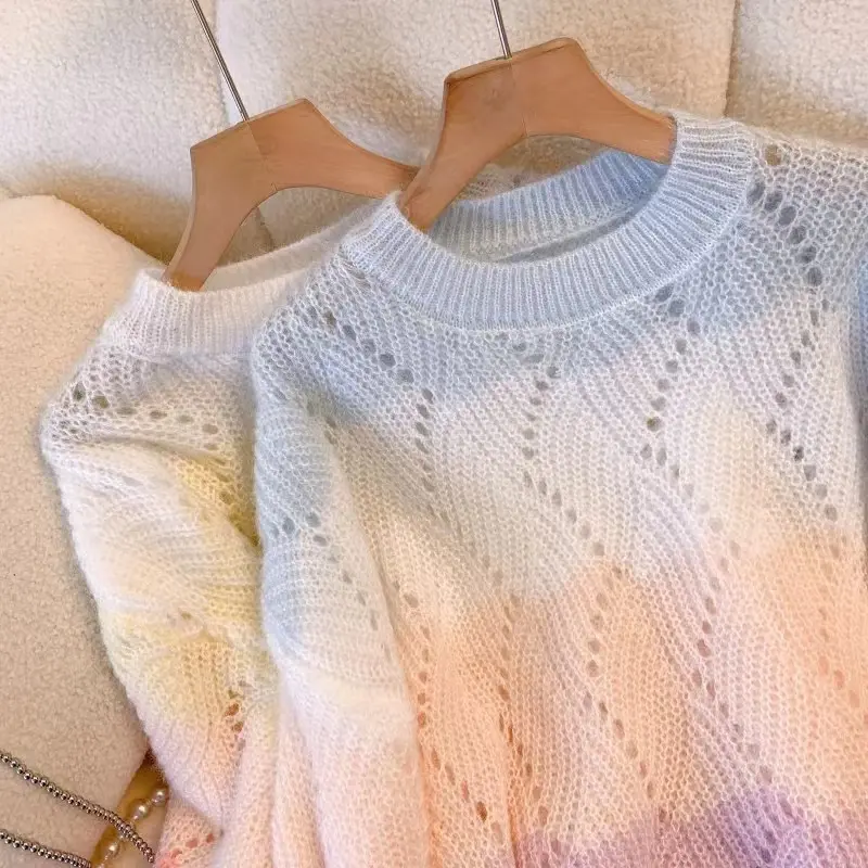 Sweater Rajut Wanita Rainbow Pelangi Lengan Panjang Pullover Leher Bulat Korea 6
