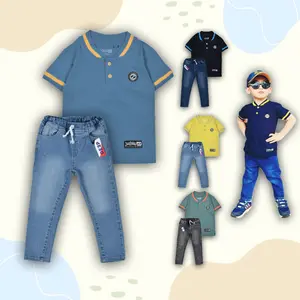 Setelan Anak Laki Laki Kaos Kerah Wangki & Celana Jeans Panjang Usia 1-12 Tahun Bahan Premium