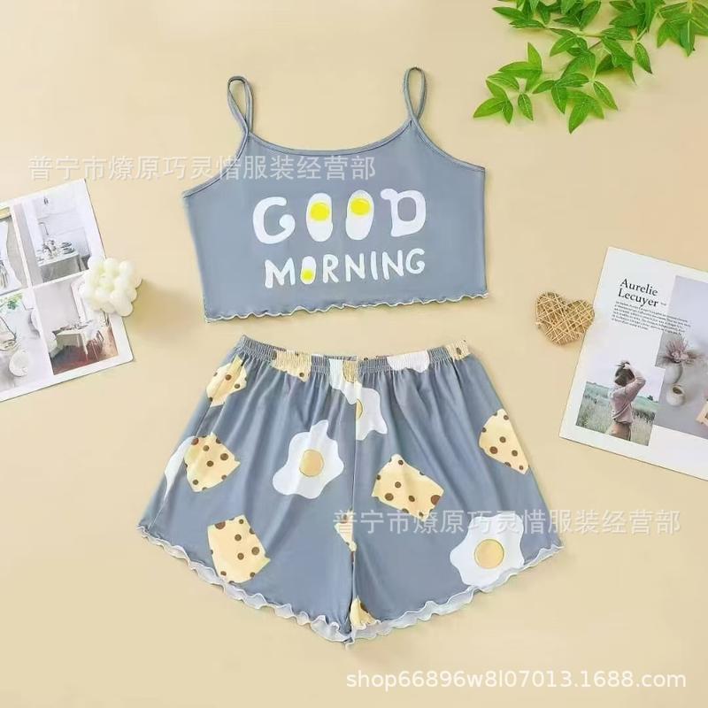 Bộ đồ ngủ hai dây nữ mùa hè mỏng nhẹ, ngọt ngào đáng yêu, phong cách học sinh, bộ hai món, áo ba lỗ gợi cảm dáng rộng, đồ mặc nhà.