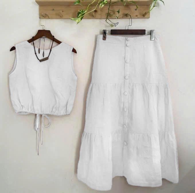 Set Váy Nữ Thiết Kế Set Áo Và Chân Váy Suông Áo Bo Chun Cá Tính Chất Liệu Đũi Top Women set đồ đẹp ,Mã QP81