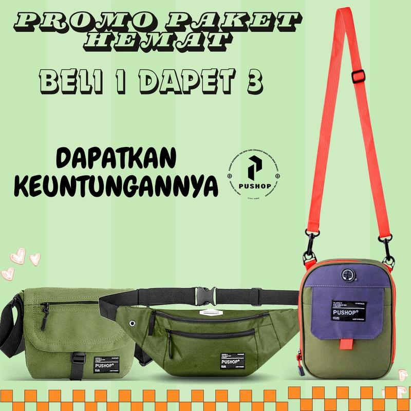 PUSHOP PAKET BUNDLING HEMAT PSHP45K-02 - Paket Tas Selempang Pria Wanita 45 Ribu Dapat 3pcs Tas Slingbag Canvas dan Mini Sling bag Casual Polos Cowok Cewek Hitam Pria 4