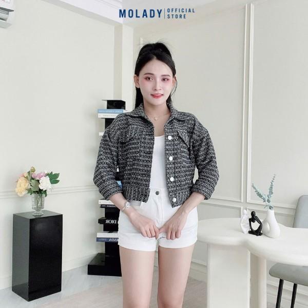 Áo Khoác Jean Nữ MOLADY K323 Cổ Bẻ Thêu Dệt Thổ Cẩm Túi Nắp Hộp Top Jacket Cotton