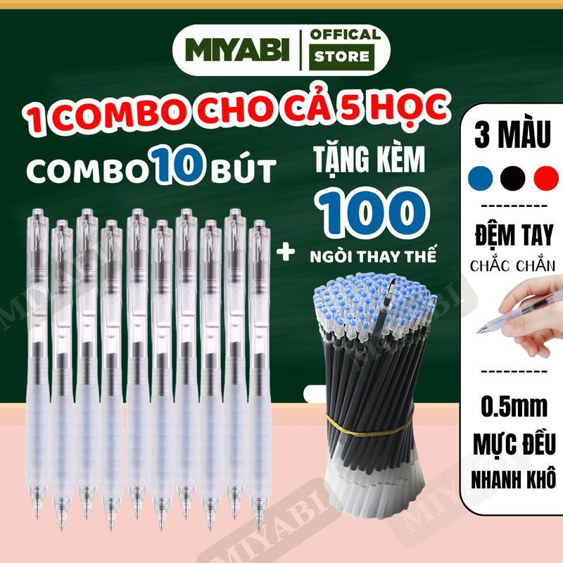 COMBO 10 Bút Bi Nước 0.5mm + 100 Ngòi Bút Bi Nước ST Tiêu Chuẩn Mực Mịn Nhanh Khô 3 Màu Đen Xanh Quà Tặng Đệm Tay Chắc Chắn
