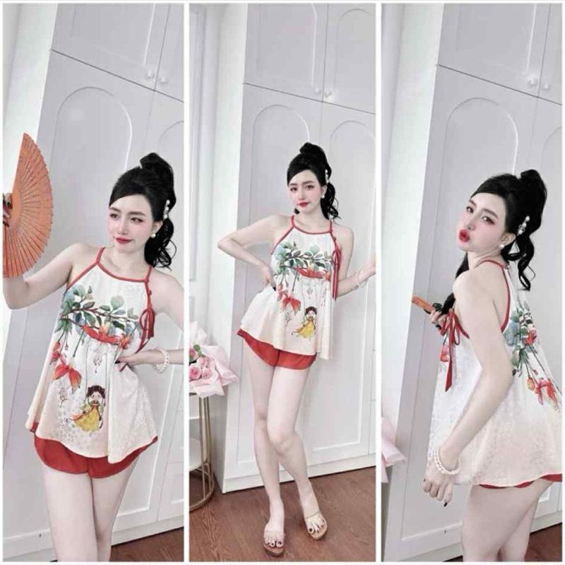 (Bigsize 40-85kg)Đồ bộ đùi cổ yếm in hoạ tiết 5D vải phi lụa quần đùi lưng cao