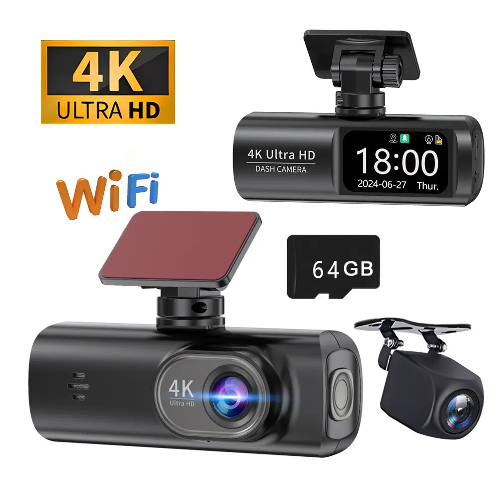UHD 4K dual lens driving recorder black box driving recorder car DVR 1080P rear camera built-in WiFi GPS 24-hour parking monitor Includes 64GB TF