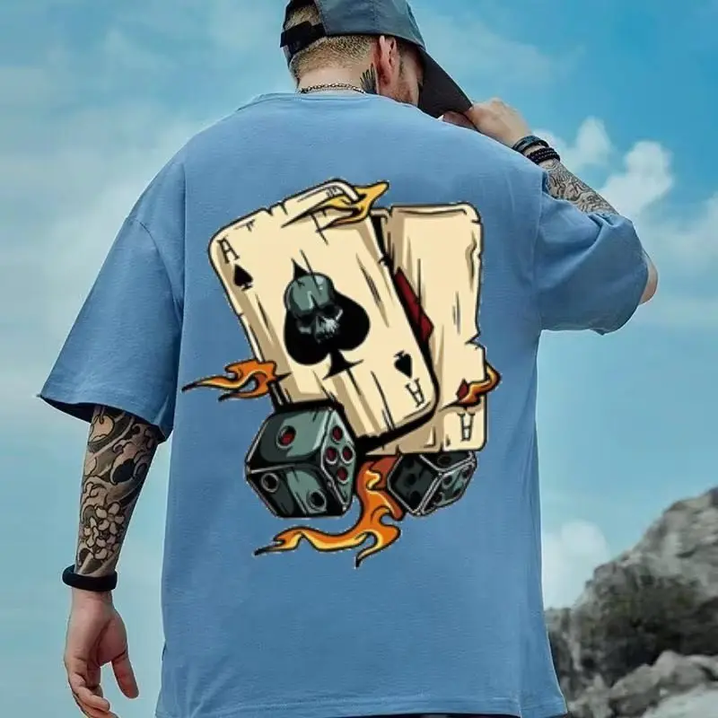 Fashionsunmy Plus Size Tshirts American Style Vintage Playing Card Dice Print Cotton Men T Shirt Oversized Sports Short Sleeve Oversize Plus Size Tshirt Round Neck T-shirts Trendy Tees Couple Unisex M-8XL