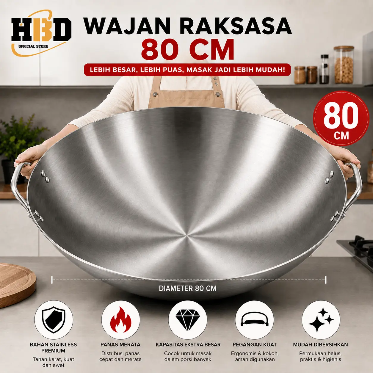WajanWajan penggorengan stainless steel ukuran besar dengan dua pegangan untuk kompor gas, wajan bulat untuk menggoreng, cocok untuk penggunaan komersial di restoran dan untuk memasak di rumah tangga pedesaan60/65/70/80/Pakar Nasi/wajanC