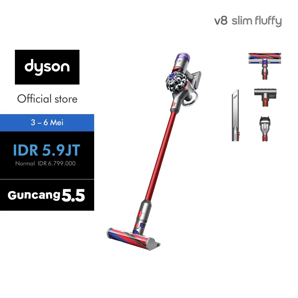 Dyson V8 Slim  Fluffy Cordless Vacuum Cleaner (Nickel/Red) - Penyedot Debu