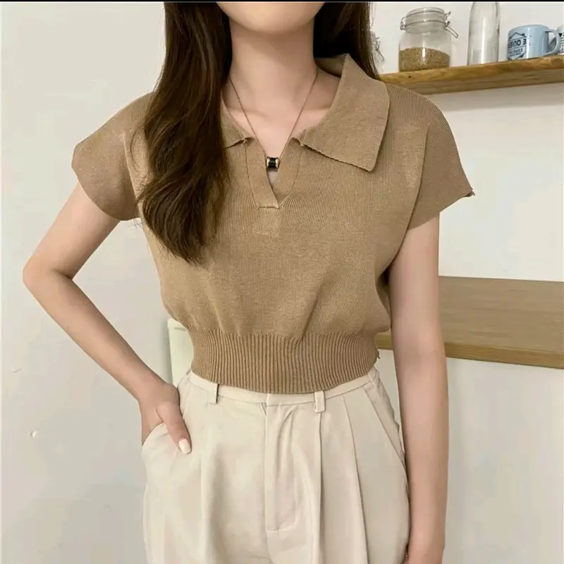 Atasan Rajut Polo Crop Top Knit / Crop Top Wanita Polos / Casual Top Pendek Knitwear Kerah 0