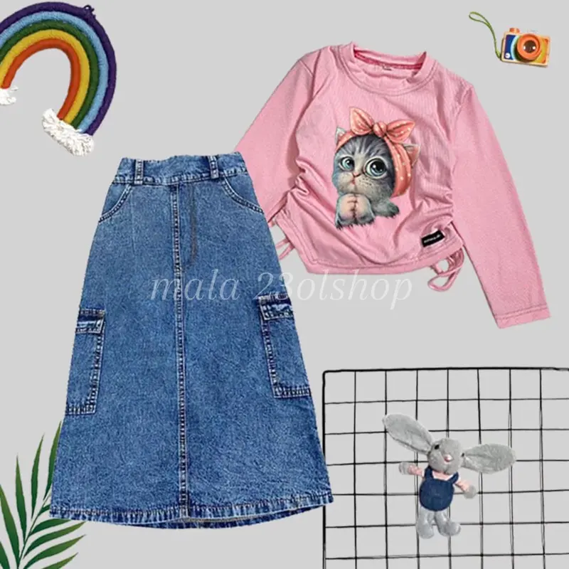 SETELAN ANAK PEREMPUAN / ROK JEANS KARGO & KAOS KNIT SABLON 2