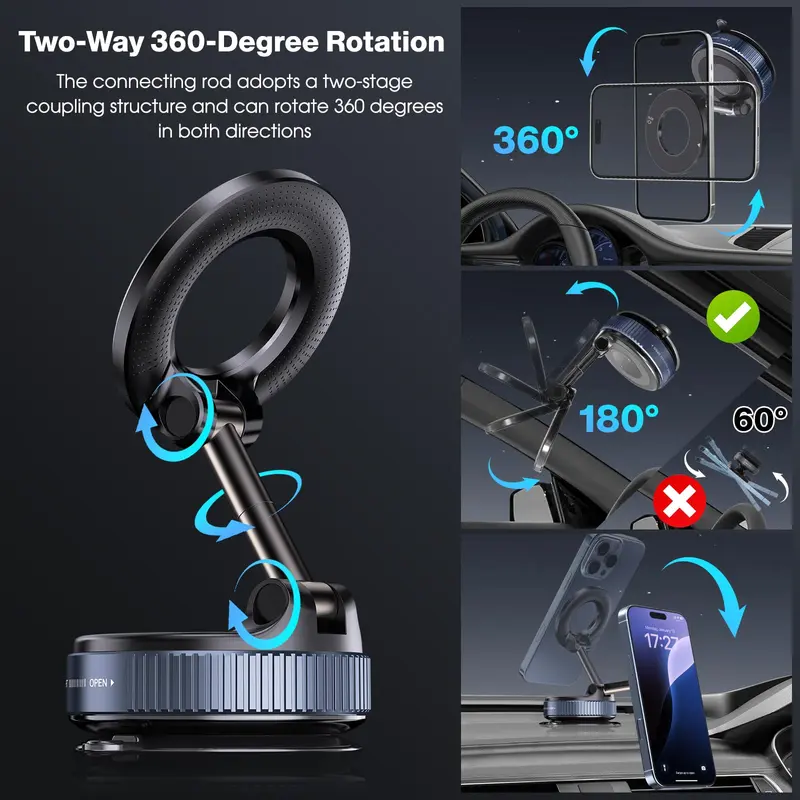Soporte magnético de succión al aspiradora, Envío de placa magnética anular plegable y retráctil manos libres con ventosa para coche, gimnasio, espejo, superficie lisa, compatible con iPhone Android y todos los teléfonos - Foto 4