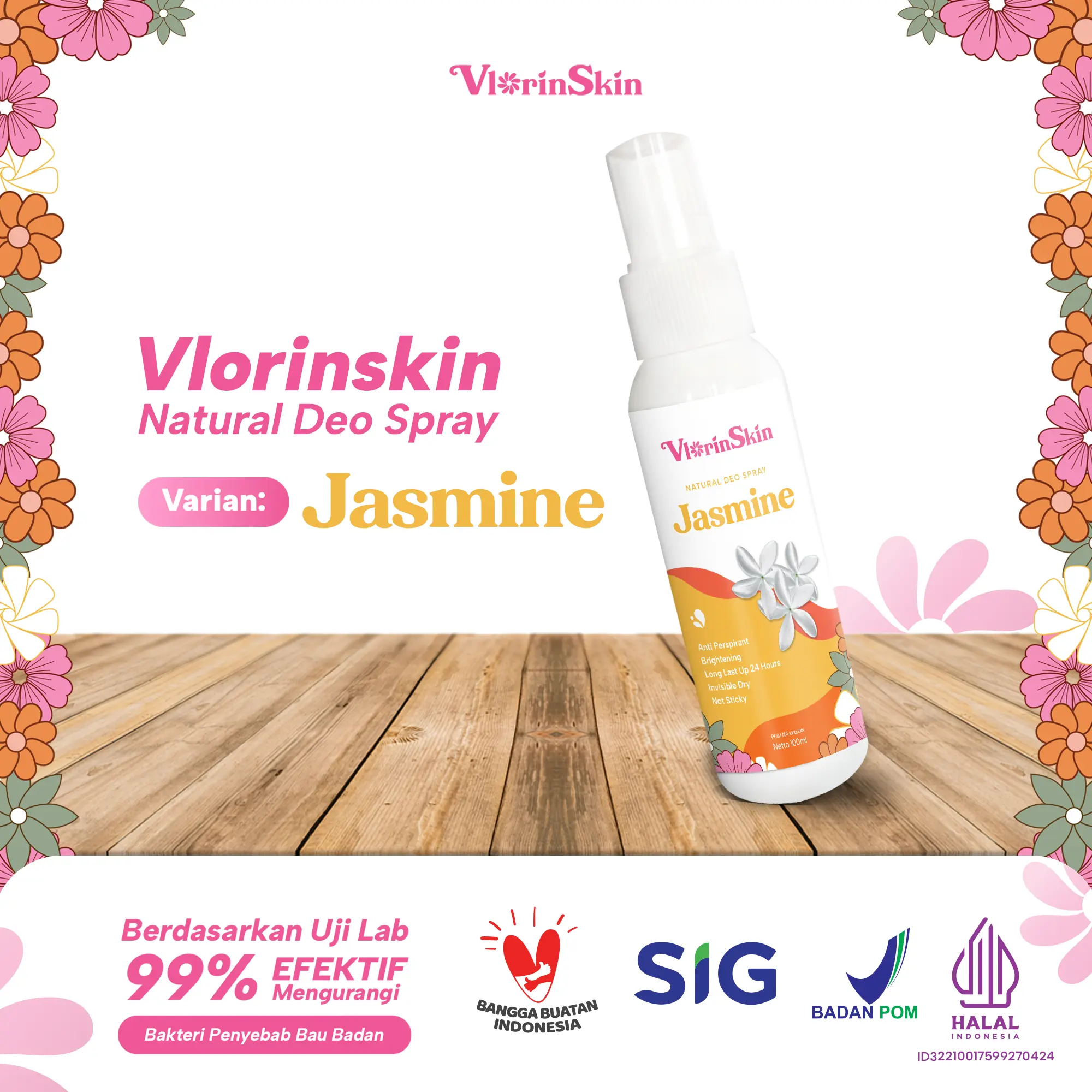 Vlorinskin Deodorant Spray Penghilang Bau Ketiak/Badan, Deo Spray Alami, Deodorant Spray Tawas 100mL