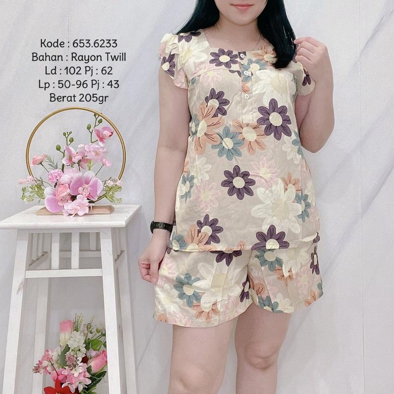 286 Setelan Pendek Canse Kancing Abstrak Corak Bunga Katun Twill Halus Rayon Wanita Baju Motif Cantik 4