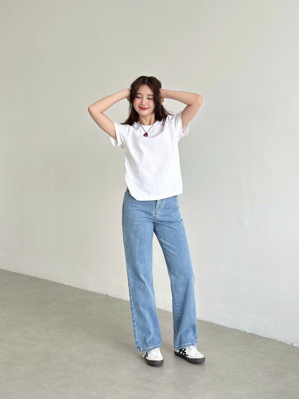 [Rede] Quần Jeans Nữ Ống Suông Rộng, Cạp Cao, Chất Cotton  KHÔNG GIÃN dày dặn, Màu Xanh Bạc (L-02E) Pants Women Ong