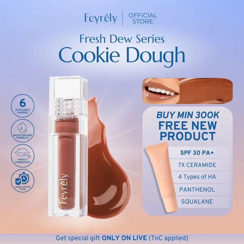 FEYRELY Fresh Dew Tint 4,5ml - 01 Cookie Dough Lip Tint Glossy Plumpy Moist Tahan Lama dan Cocok untuk Bibir Gelap Liptint 0