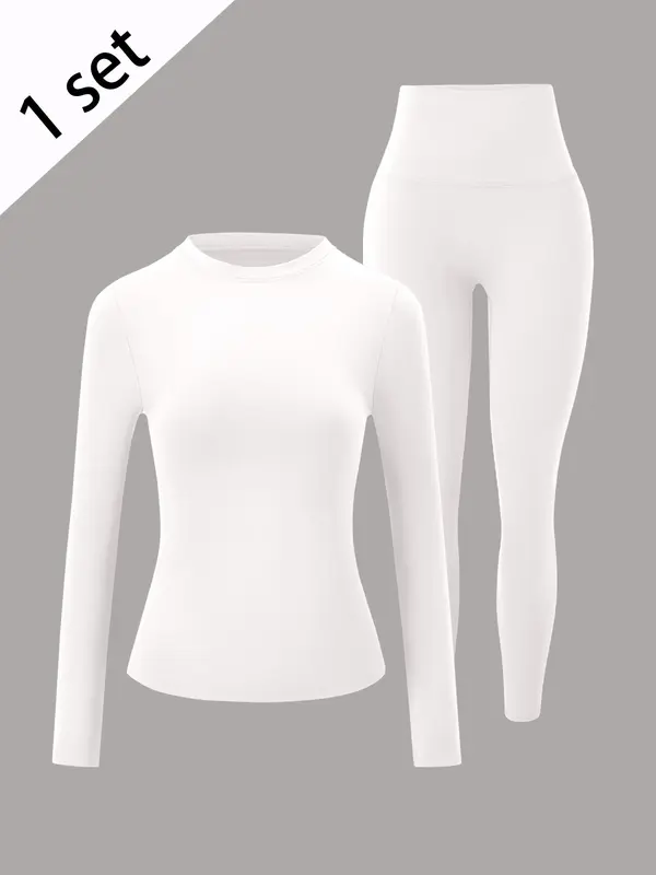 Women's Solid Long Sleeve Tee & Leggings Tracksuit Set, Sporty Breathable Comfy Set for Yoga Gym Workout Running, Ladies Sportswear for All Seasons 4