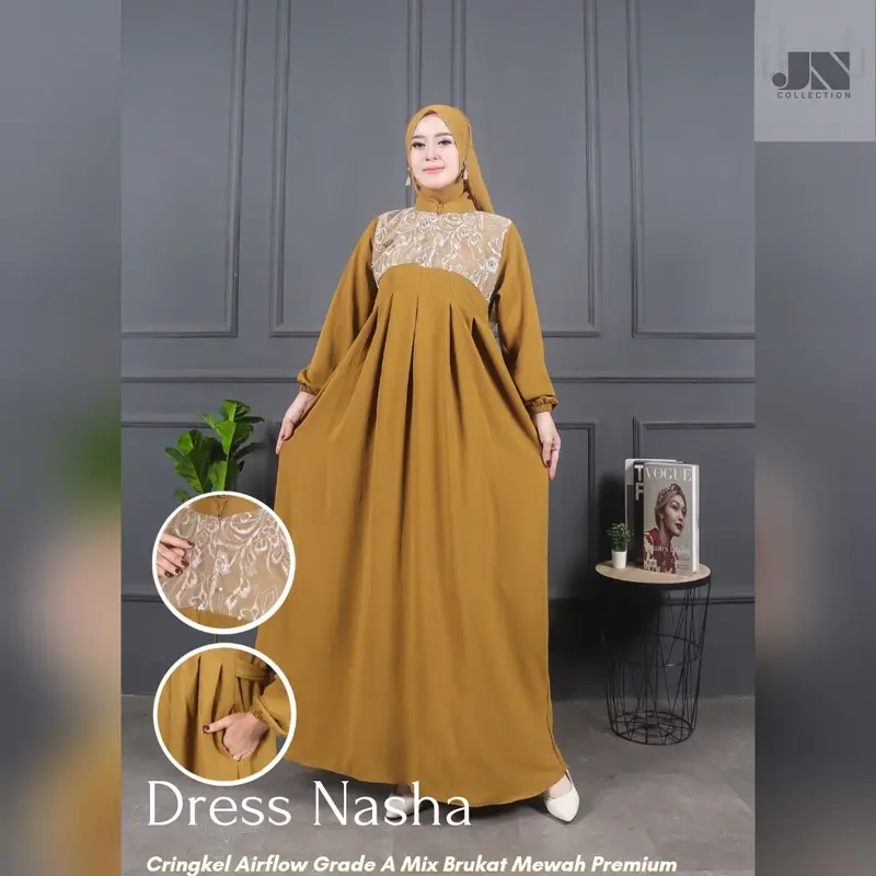 Dress Gamis Nasha Cringkel Airflow Grade A Variasi Brukat Elegan 0