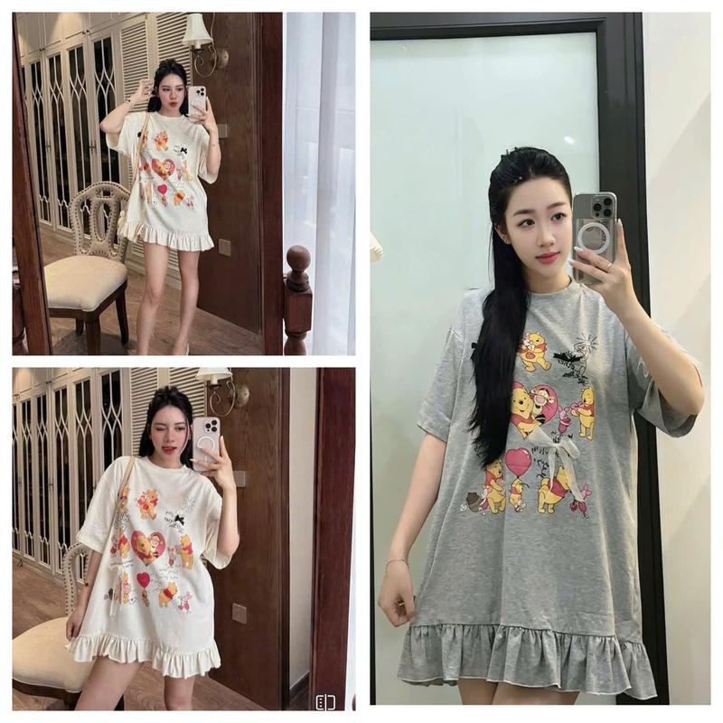 H26 VÁY GẤU POOKAB Váy Babydoll Váy Phông Dáng Rộng Váy Xinh Sang Chảnh Mùa Hè Chất Liệu Cotton Thoáng Mát Thấm Hút Mồ Hôi 2sz 40-65kg. S dài 78cm - M dài 90cm