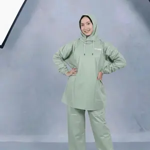 jas hujan mantel scorpio hoodie setelan jaket celana tanpa resleting , pvc karet lentur tebal waterprof Biru Hijau Pink
