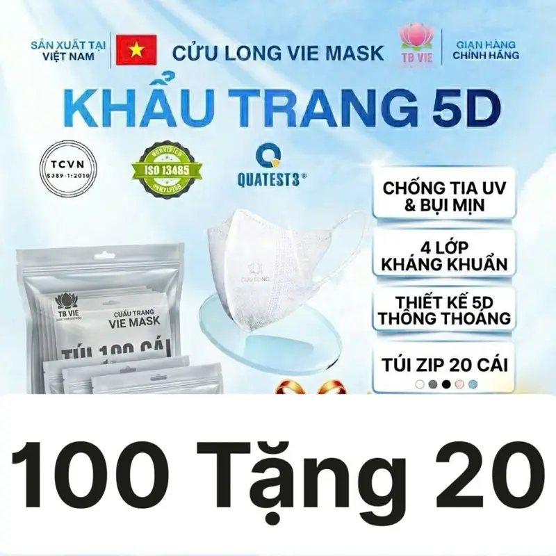 KHẨU TRANG 5D 4 LỚP CỬU LONG VIEMASK - Khẩu Trang 5D 4 Lớp Kháng Khuẩn Cửu Long -Túi Zip 20 Chiếc - Màu Sắc Đa Dạng - Miễn Phí Vận Chuyển