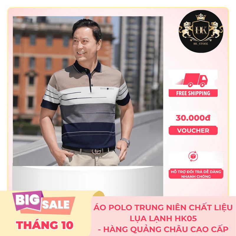 [HK Store] Áo Polo Nam Kẻ Trung Niên Ngắn Tay Tặng Bố Chất Liệu Lụa Lạnh Cao Cấp Ngắn Tay - HK05 Nhung Polo  lịch lãm