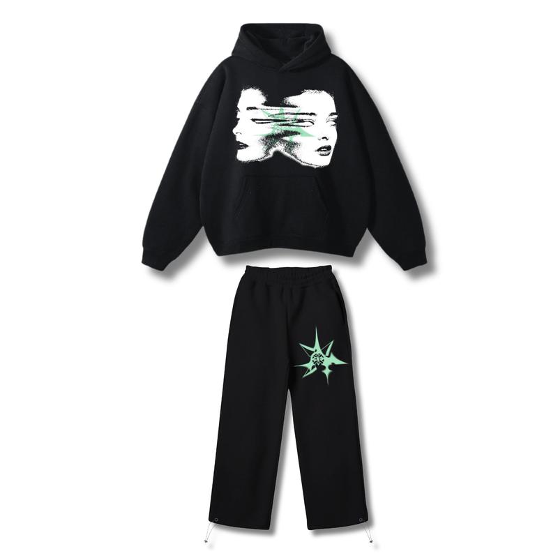 STREES One Set Boxy & Sweatpants Baggy Facestar Setelan Berbahan Kain Fleece Lembut Adem Pria Wanita 0