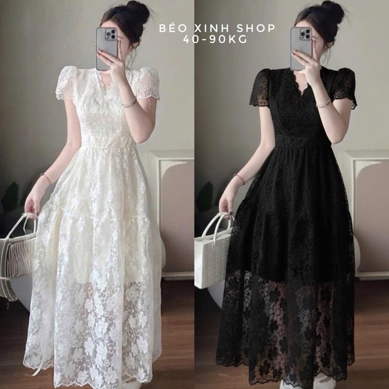 Váy Ren Hoa Dự Tiệc Thiết Kế Cổ V Phối (Vải Ren Hoa Cao Cấp) Thanh Lịch Sang Trọng Cho Các Nàng Bigsize 40–90kg Thời Trang Nữ Béo Xinh Shop - A.1600