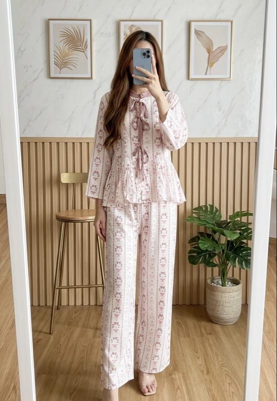 [GUMOYO] Setelan Piyama Rayon Azmya Premium Motif Pita Lucu - One Set Kekinian Busui Friendly - Set Celana Panjang Gumoyo