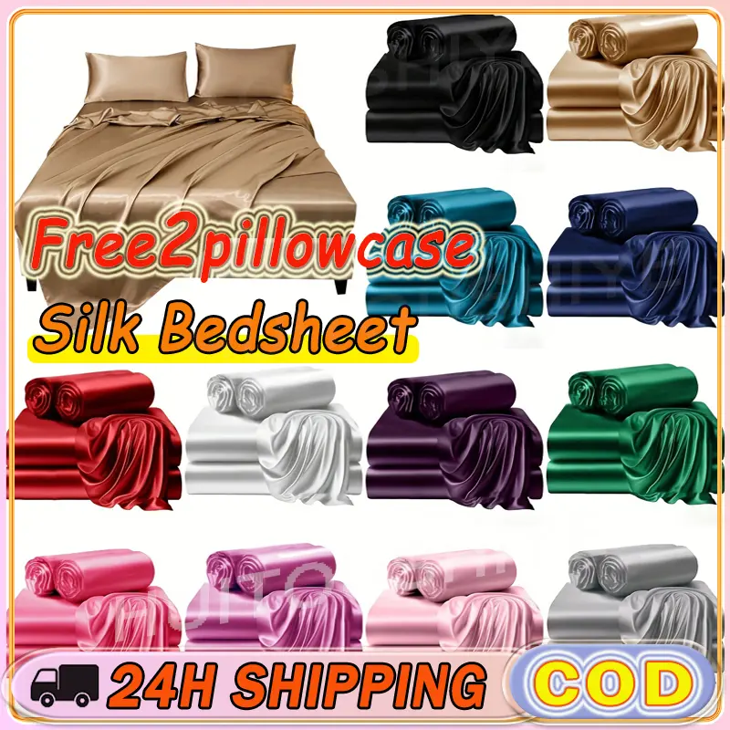 3 in 1 bed sheet set Silk Bedsheet Soft Silky and Cooling Silk Satin bed sheet & Pillowcase garterize Bedsheet Fully Garterize