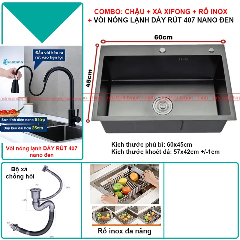 Chậu rửa chén bát inox sus304 SENTANO NANO ĐEN 60x45cm chống trầy xước cao cấp tặng kèm rổ đa năng 8