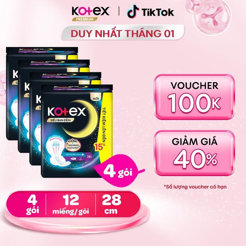  Lốc 4 gói Lốc 12 gói Băng vệ sinh Kotex Siêu Ban Đêm 28cm Mặt lưới Đệm bông chống tràn sau 12 miếng 