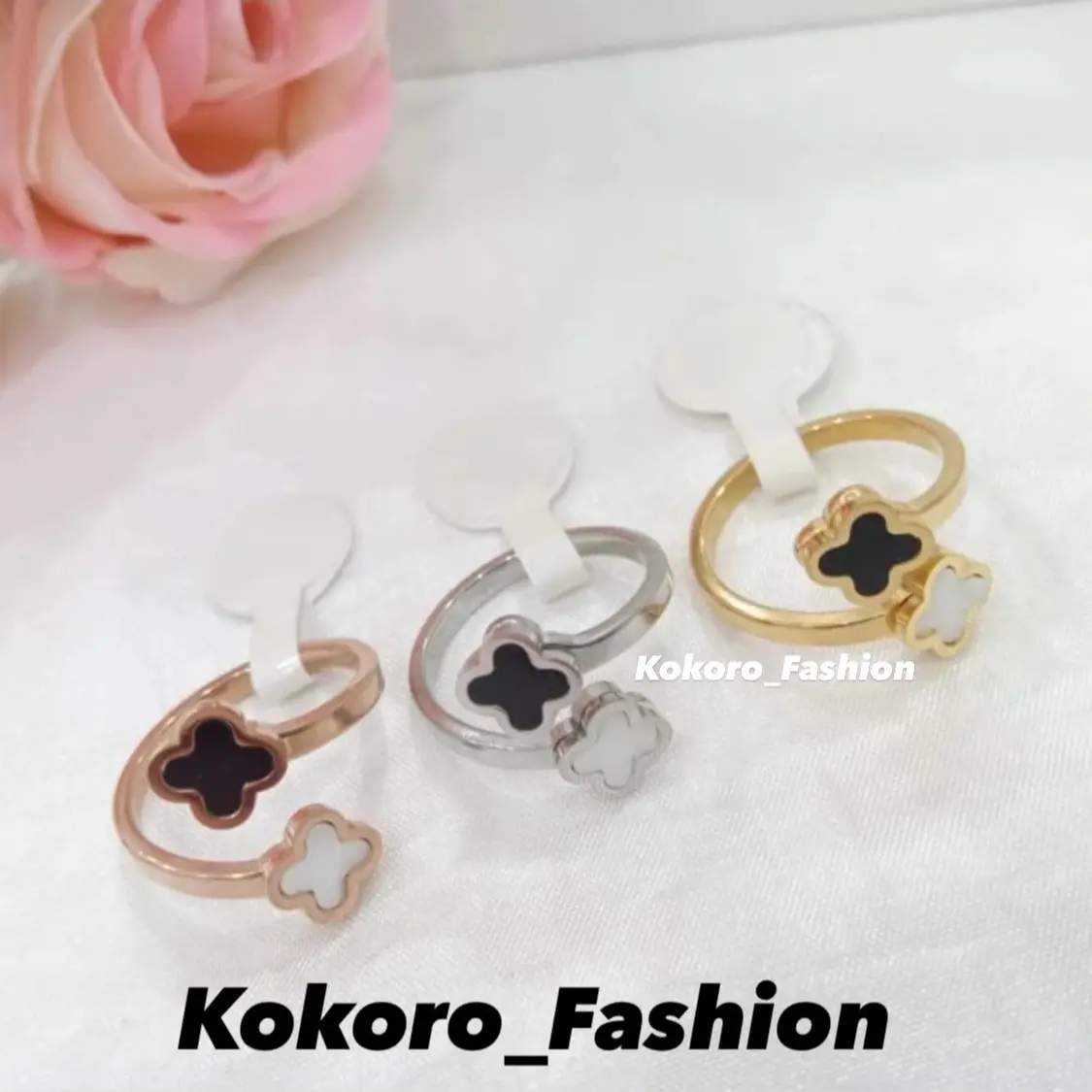 Cincin Titanium Daun Bunga Hitam Putih Terbaru Korean Style Kekinian Perempuan | Rings