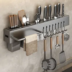 Rak pisau dinding Dapur Stainless Steel Rak Tempel Tanpa Bor Tempat Taruh Sendok Garpu Pisau Dapur  Rak Gantung Dapur Multifungsi  Gantungan Lap Dapur Rak sendok